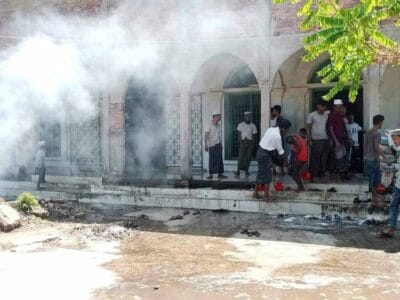 Rohingyas cleaning the mosque when Myanmar army allowed reopening it in April 2024 (Image: ANA)